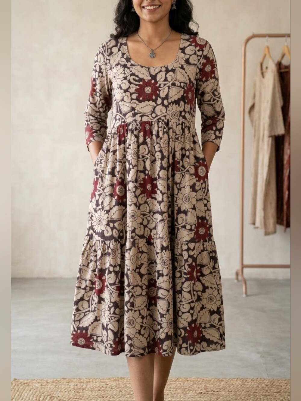 Womenโs Floral Tiered Long Sleeve Dress - Beige with Burgundy Floral